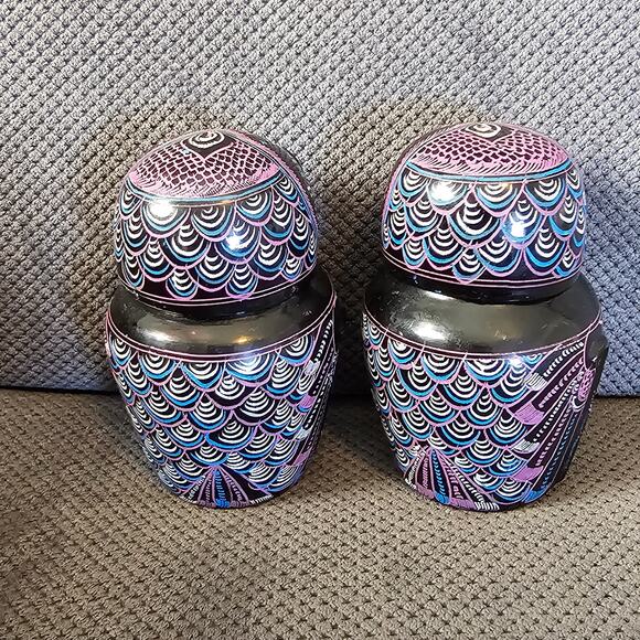 Vintage Burmese Lacquerware Owl Jar Set Purple & Black - Picture 3 of 10